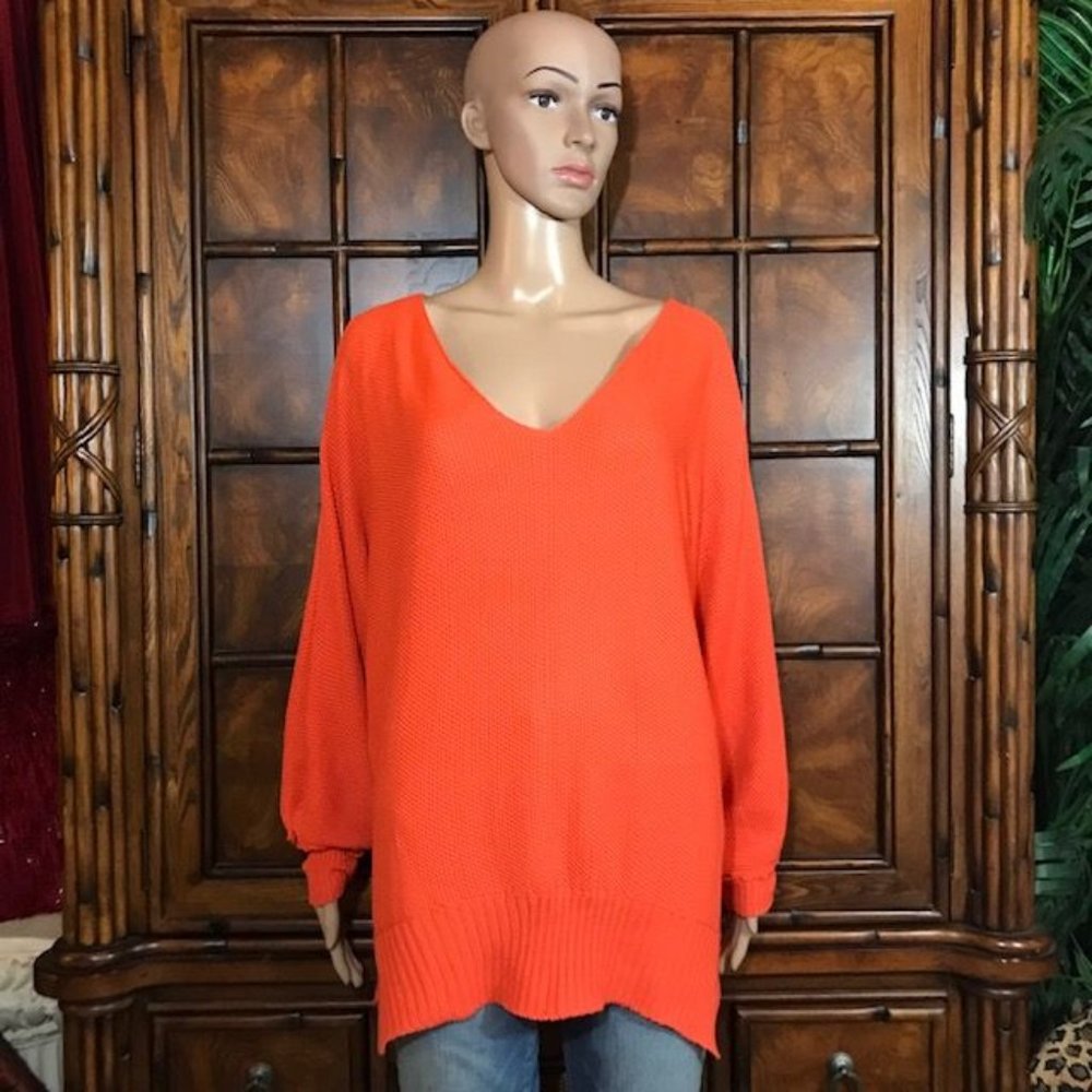 Tangerine On/Off Shoulder High Low Cotton Blend Sweater